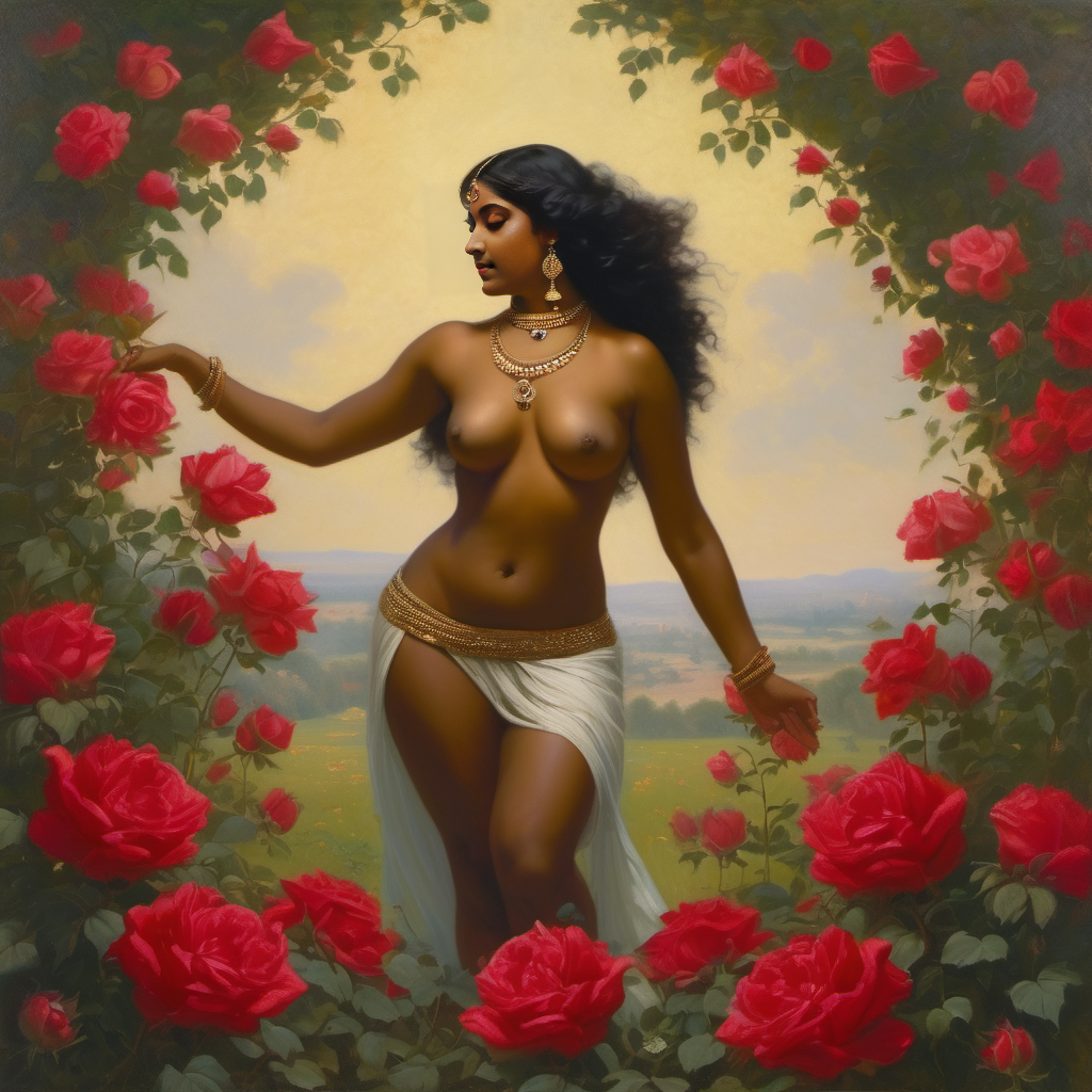 ai_generated belly black_hair bracelet breasts curly_hair curvy dancing dark-skinned_female female flower indian_female lips long_hair medium_breasts navel presenting realistic rose_(flower) smile solo william_bouguereau