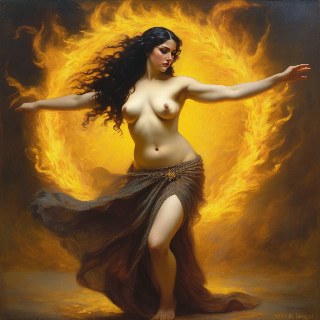 ai_generated belly black_hair breasts curvaceous curvy fire lips long_hair medium_breasts navel seductress william_bouguereau