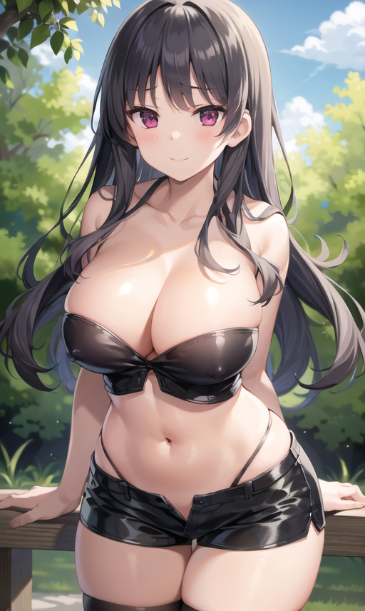 ai_generated big_breasts black_hair female female_only g-string pink_eyes shimizudani_ryuuka shorts slombert thighs