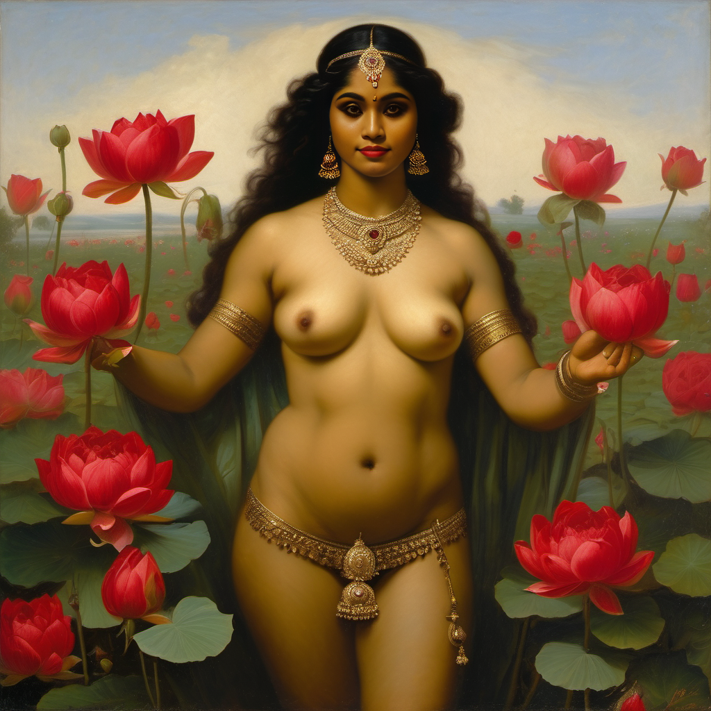 ai_generated belly black_hair bracelet breasts curly_hair curvy dancing dark-skinned_female female flower indian_female lips long_hair medium_breasts navel presenting realistic rose_(flower) smile solo william_bouguereau