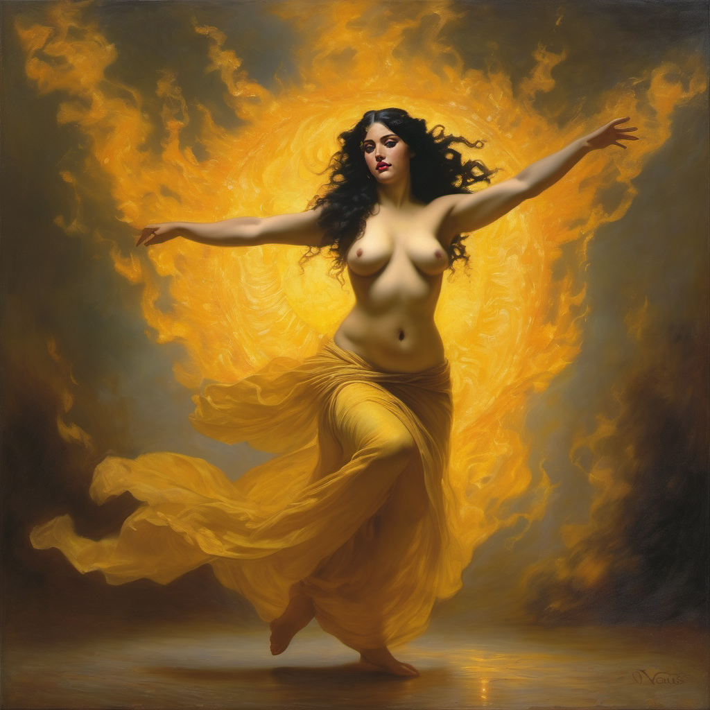 ai_generated belly black_hair breasts curvaceous curvy fire lips long_hair medium_breasts navel seductress william_bouguereau