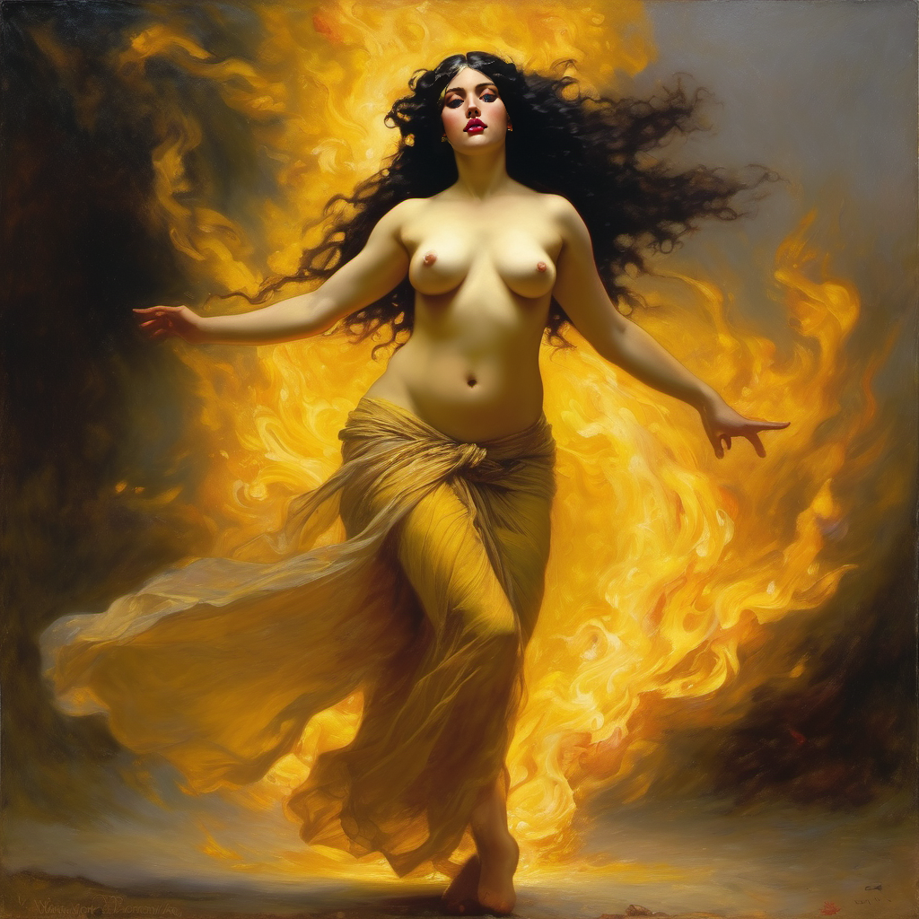 ai_generated belly black_hair breasts curvaceous curvy fire lips long_hair medium_breasts navel seductress william_bouguereau