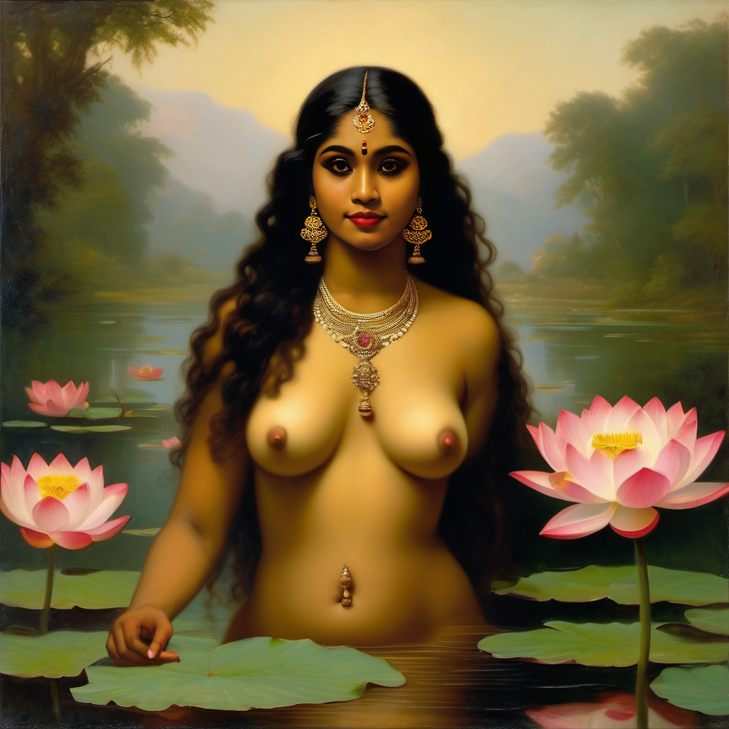 ai_generated belly black_hair breasts curly_hair curvy dark-skinned_female female flower indian_female lips long_hair lotus medium_breasts navel presenting realistic smile solo william_bouguereau