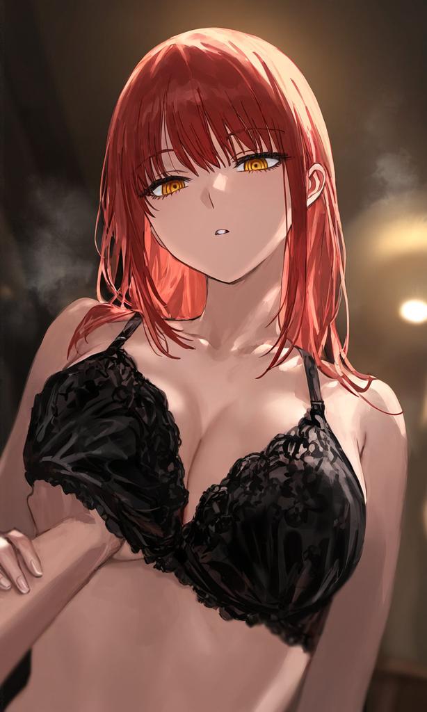 ai generated, arm grab, big breasts, bra, bra removed, breast grab, breast squeeze, breast squish, breasts, chainsaw man, female, hand on arm, hand on breast, lingerie, lingerie only, long hair, looking at another, looking down, makima (chainsaw man), red hair, slim waist, yellow eyes