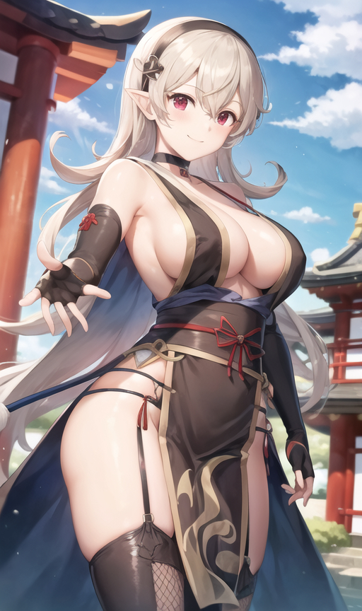 ai_generated ai_hands copyright_request corrin_(fire_emblem) corrin_(fire_emblem)_(female) female female_only hairbow happy japanese_clothes large_breasts long_hair pagoda pointy_ears sfw sideboob slombert smile stockings thighs