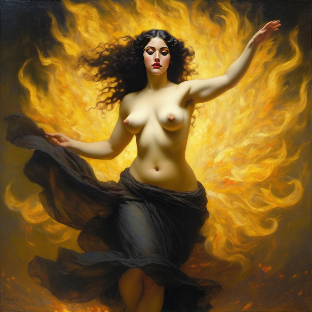 ai_generated belly black_hair breasts curvaceous curvy fire lips long_hair medium_breasts navel seductress william_bouguereau