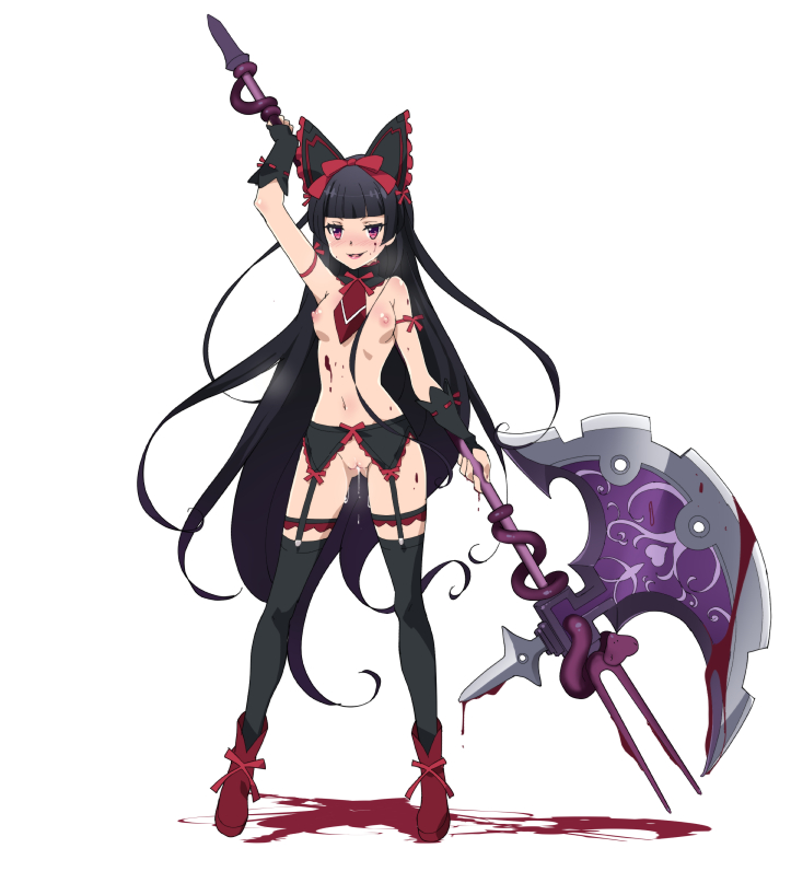 1girls after_sex arm_up bangs black_hair black_legwear blood blunt_bangs blush boots breasts cum cum_in_pussy cum_inside female female_only full_body garter_belt gate_-_jieitai_ka_no_chi_nite_kaku_tatakaeri hair_ornament hair_ribbon huge_weapon legwear long_hair navel nipples open_mouth pussy pussy_juice red_eyes rory_mercury shaved_pussy simple_background smile solo solo_female standing thigh_gap thighhighs uncensored very_long_hair weapon white_background