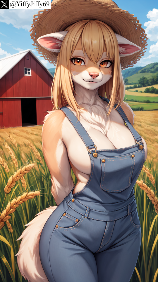 ai_generated animal_ears anthro arms_behind_back artist_name bangs blonde_hair blue_sky body_fur braid breasts cleavage cowboy_shot day farm female furry furry_female hat large_breasts long_hair looking_at_viewer naked_overalls outdoors overalls sky smile solo stable_diffusion straw_hat tail twitter twitter_username watermark yiffyjiffy69