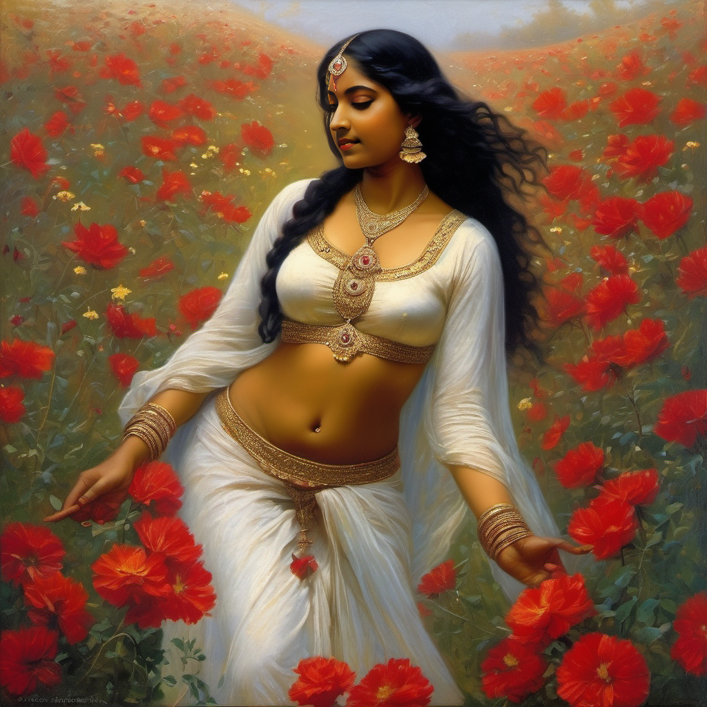 ai_generated belly black_hair bracelet breasts curly_hair curvy dancing dark-skinned_female female flower indian_female lips long_hair medium_breasts navel presenting realistic rose_(flower) smile solo william_bouguereau