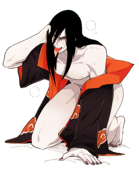 1boy, barefoot, black hair, cum, cum on body, facial, long hair, looking at viewer, male, male only, naruto, naruto (series), orochimaru, solo, sweat, undressing, yaoi, yazaki