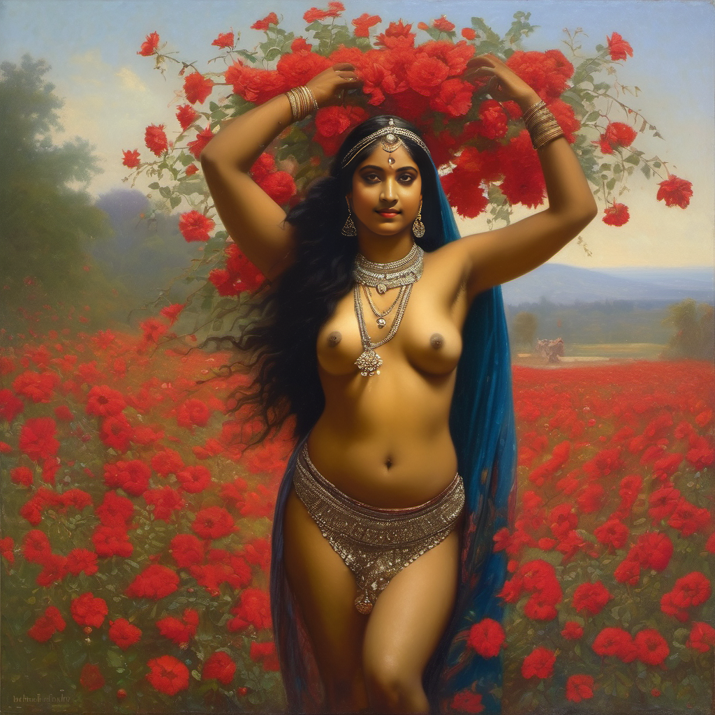 ai_generated belly black_hair bracelet breasts curly_hair curvy dancing dark-skinned_female female flower indian_female lips long_hair medium_breasts navel presenting realistic rose_(flower) smile solo william_bouguereau