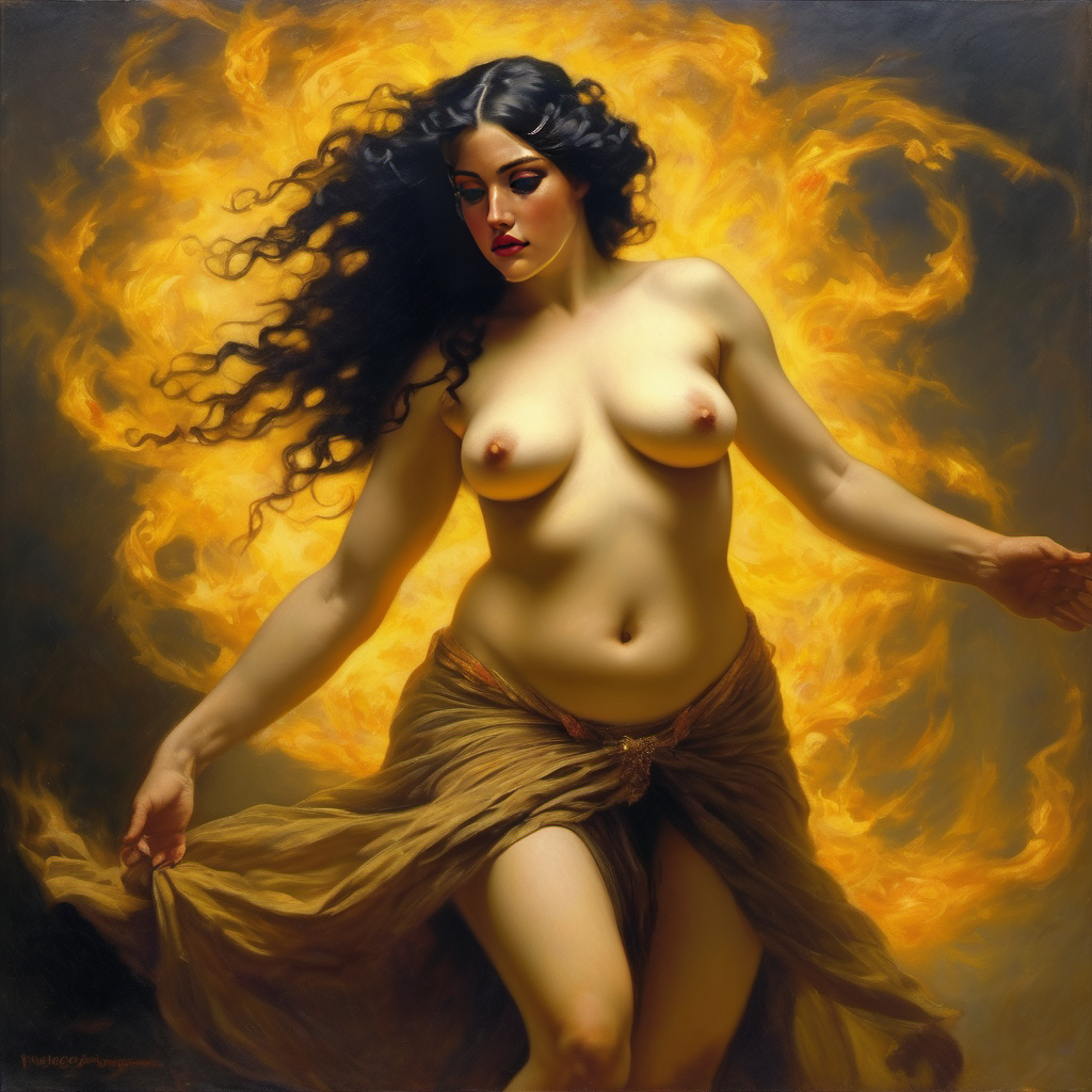 ai_generated belly black_hair breasts curvaceous curvy fire lips long_hair medium_breasts navel seductress william_bouguereau