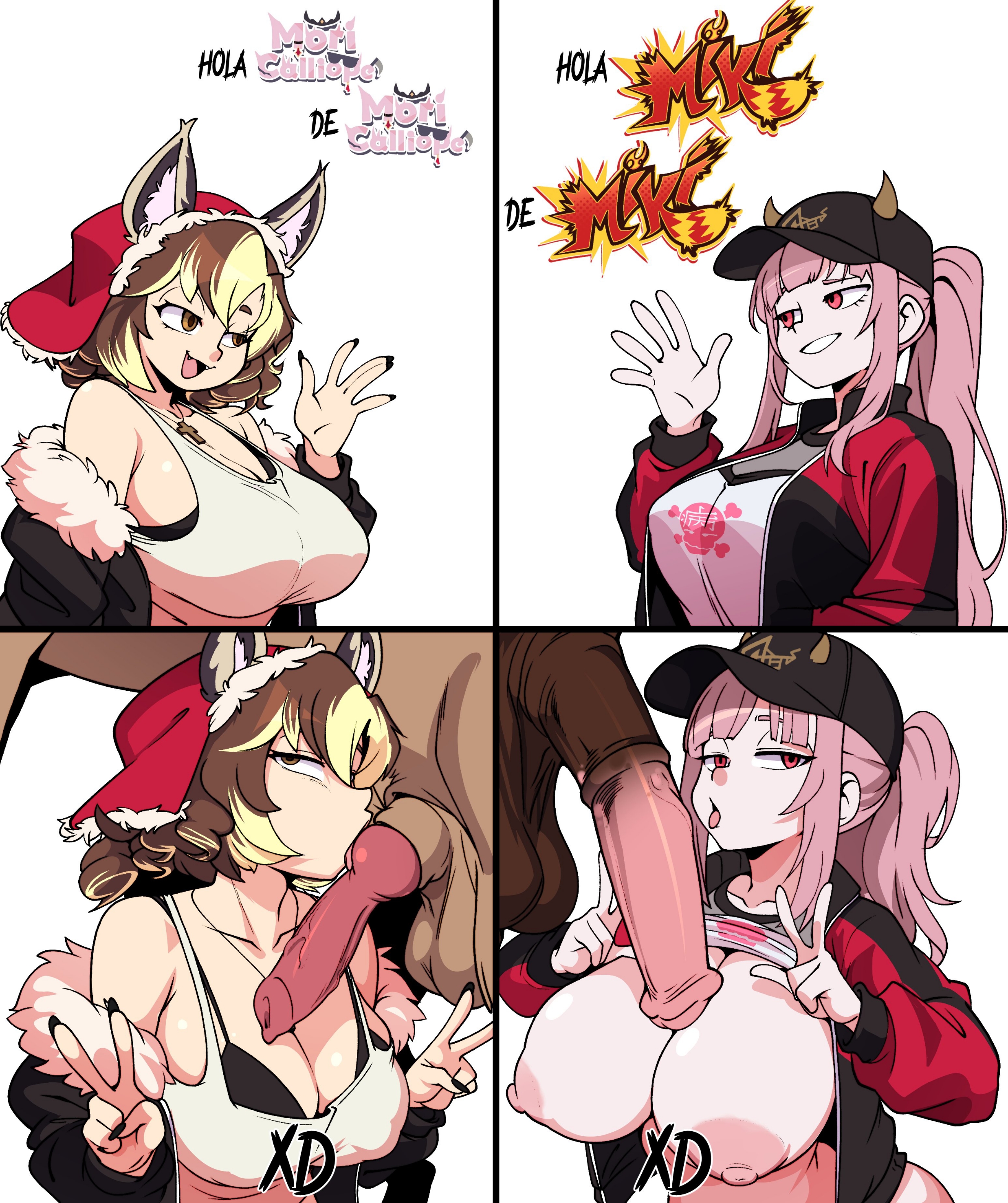 2025, 2animals, 2boys, 2d, 2d (artwork), 2girls, animal genitalia, animal penis, backwards hat, balls, bangs, beverly hills chihuahua, big breasts, black bottom, black bra, black clothing, black fingernails, black headwear, black nails, blunt bangs, breasts, canid, canine, canine genitalia, canine penis, delgado (beverly hills chihuahua), demon girl, demon horns, domestic dog, fellatio, female, feral, feral on female, feral on human, german shepherd, hat, headwear, hololive, hololive english, hololive myth, horn, horns, horse penis, horsecock, large breasts, male, meme, miki (miko's trash can), miko (miko's trash can), miko's trash can, mori calliope, mori calliope (streetwear), multicolored hair, penis, penis size difference, pink hair, racoon ears, racoon tail, red clothing, red topwear, sdamhp artist, spanish text, succubus, sucking, sucking penis, tagme, tagme (character), text, virtual youtuber, vtuber, vtubers, youtube, youtube hispanic, youtuber, zoophilia