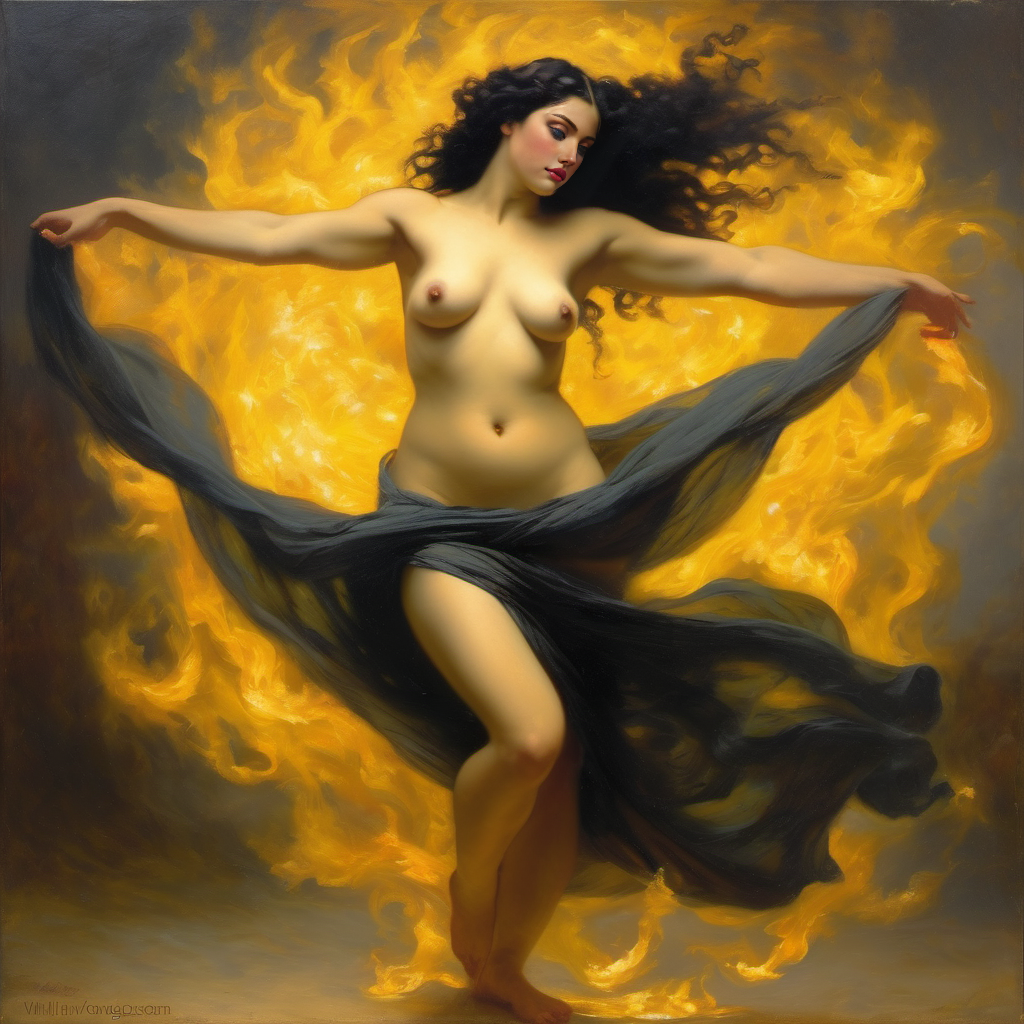 ai_generated belly black_hair breasts curvaceous curvy fire lips long_hair medium_breasts navel seductress william_bouguereau