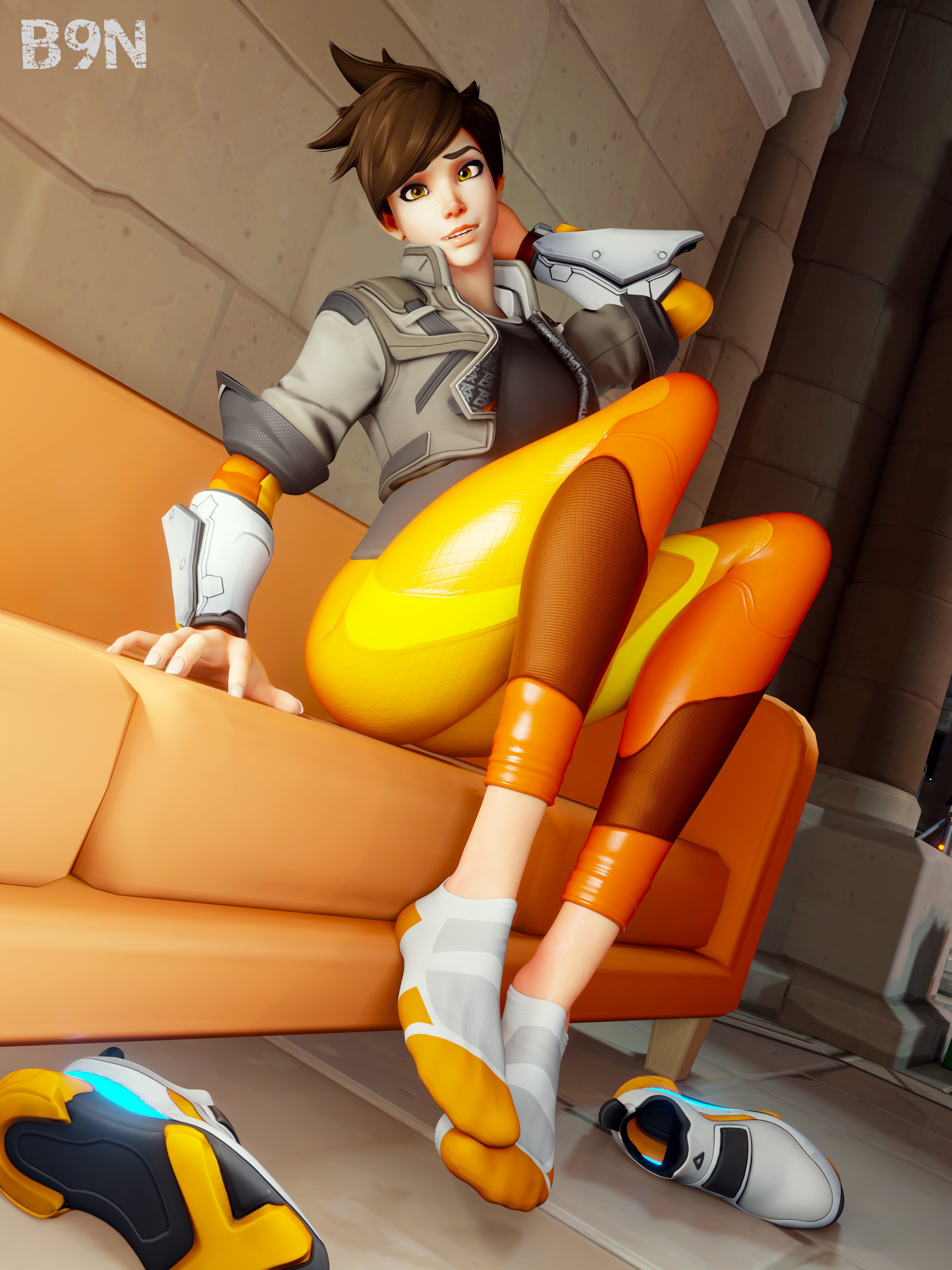 3d, b9n, female, foot fetish, lena oxton, overwatch, overwatch 2, shoes removed, socks, socks and shoes, tracer