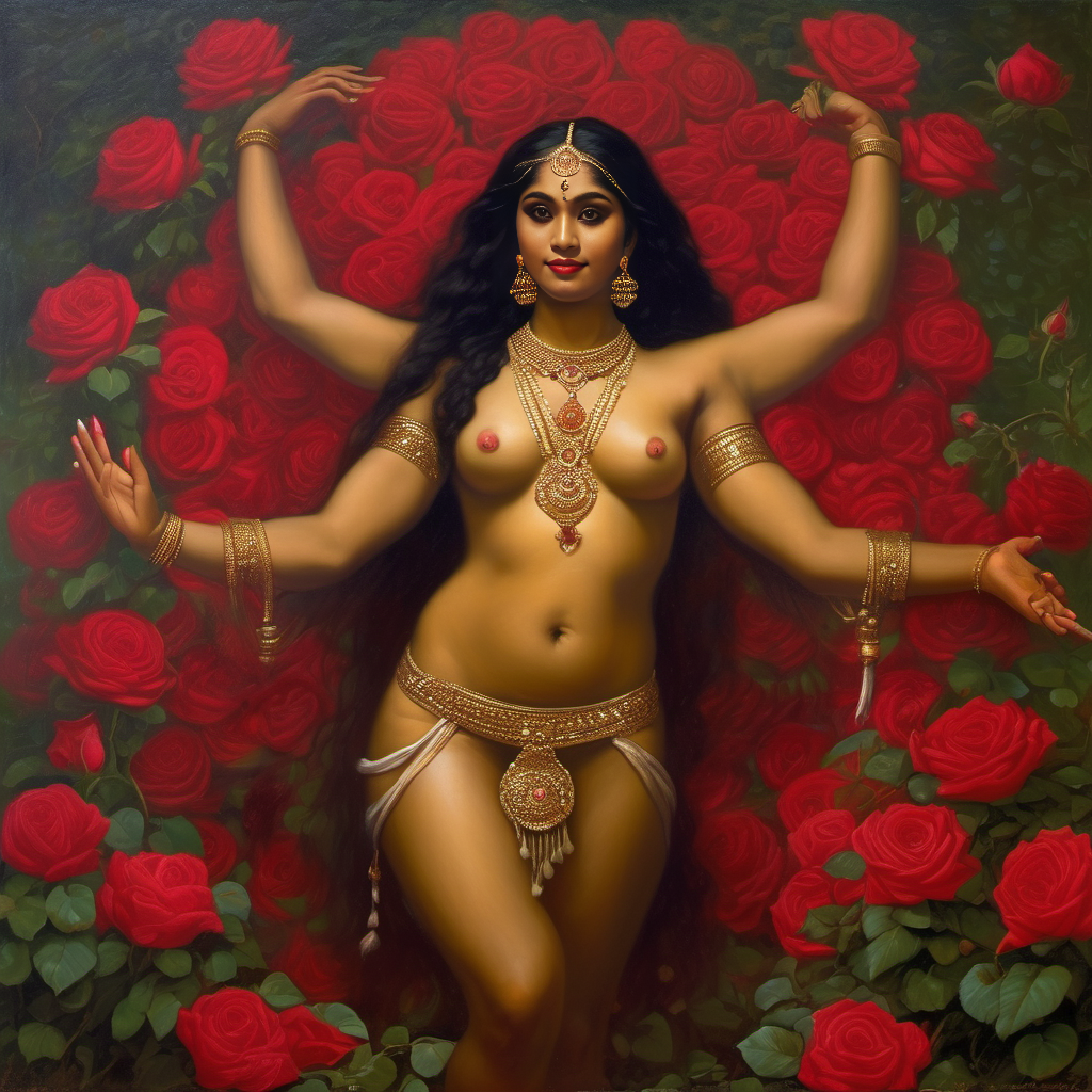 ai_generated belly black_hair bracelet breasts curly_hair curvy dark-skinned_female female flower goddess hindu_mythology indian_female lips long_hair medium_breasts multi_arm multi_limb navel presenting realistic rose_(flower) smile solo william_bouguereau