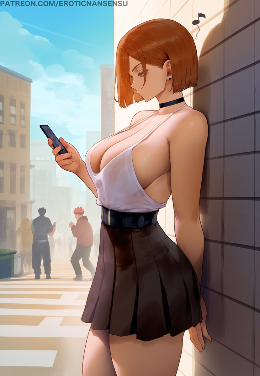 1girls against_wall ai_assisted ai_generated alley artist_name ass_press bare_arms bare_legs bare_shoulders belt bob_cut bracelet brown_eyes brown_hair choker closed_mouth curvy date earrings erotic_nansensu female female_focus from_side fushiguro_megumi hand_on_leg hand_on_own_leg high-waist_skirt itadori_yuuji jewelry jujutsu_kaisen kugisaki_nobara light-skinned_female light_skin looking_at_viewer looking_to_the_side miniskirt patreon_username phone school_uniform short_hair sideboob solo solo_focus street student swept_bangs teenager thick_thighs url waiting white_shirt