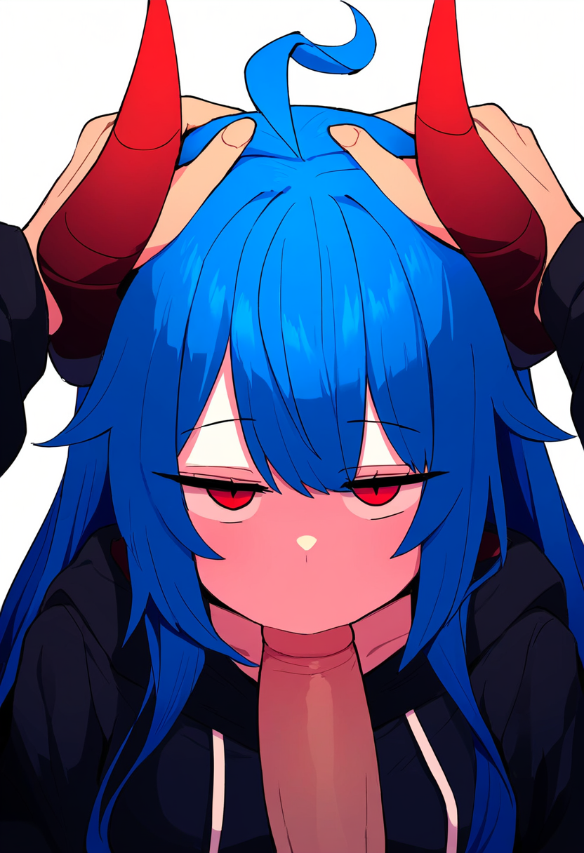 ai_generated blowjob blue_hair demon_girl fellatio head_grab hoodie horns jitome long_hair muzumi_thorns nai_diffusion pov red_eyes succubus