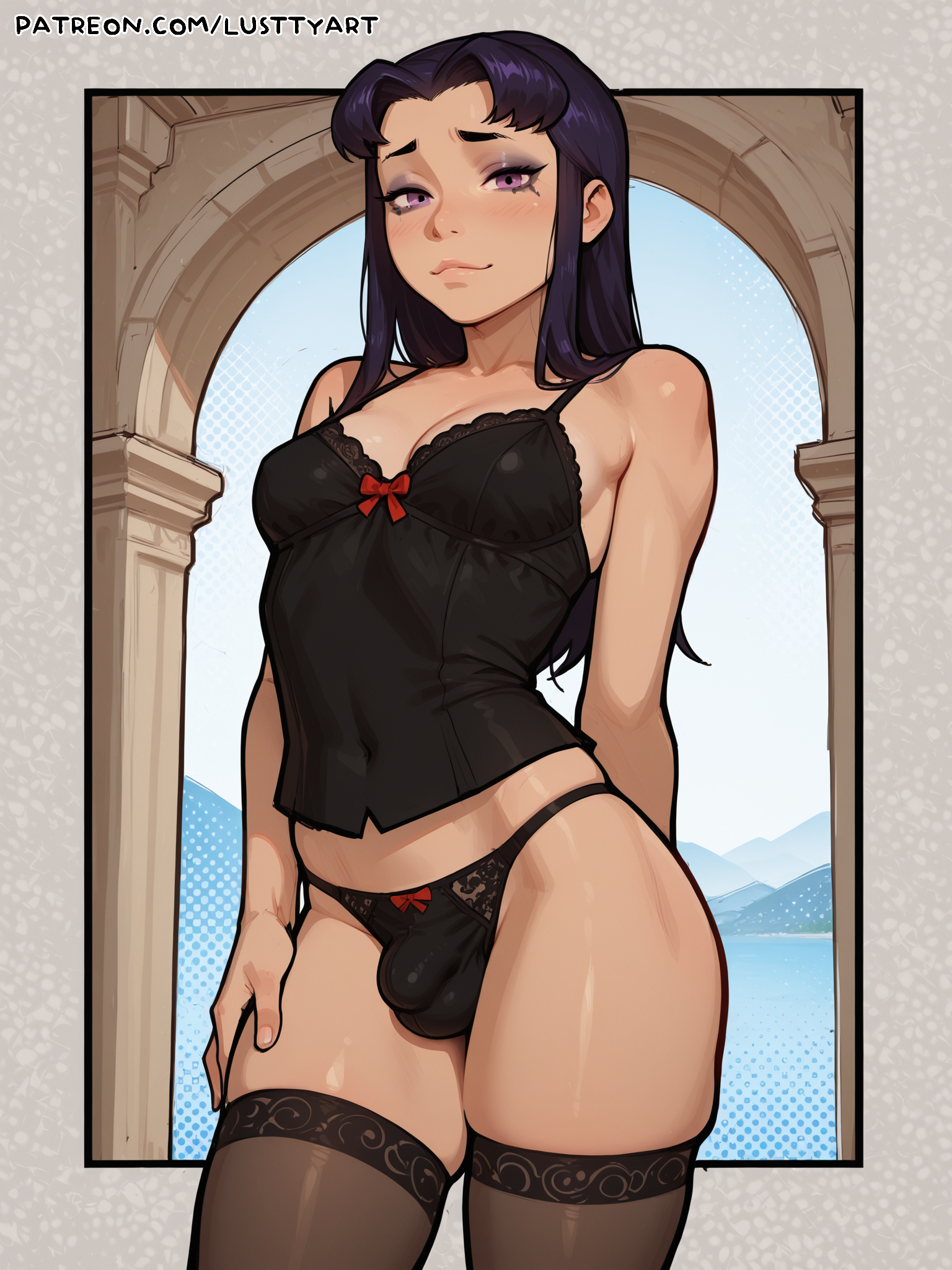 1futa, absurdres, ai, ai generated, black hair, black legwear, black panties, blackfire, blush, bulge, dc, dc comics, dickgirl, futa focus, futa only, futanari, generated, highres, lingerie, long hair, looking at viewer, lusttyart, navel, otoko no ko, panties, purple eyes, purple hair, solo, standing, teen titans, teenager, thighhighs, underwear