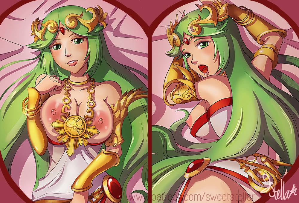 areola areolae artist_name breasts dakimakura female from_behind green_eyes green_hair kid_icarus large_areolae large_breasts long_hair looking_at_viewer looking_back lying necklace nipples on_back on_stomach palutena parted_lips solo sweetstellar tiara web_address