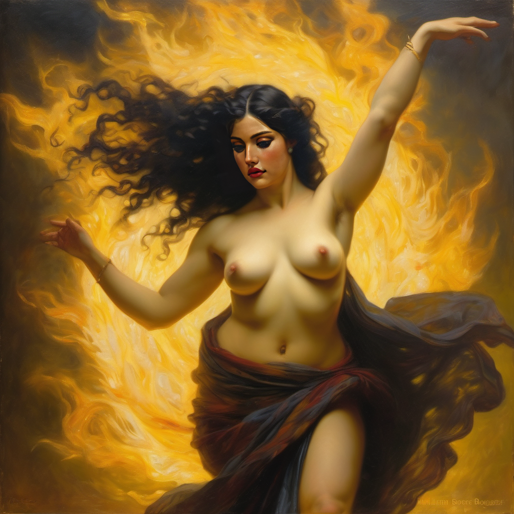 ai_generated belly black_hair breasts curvaceous curvy fire lips long_hair medium_breasts navel seductress william_bouguereau