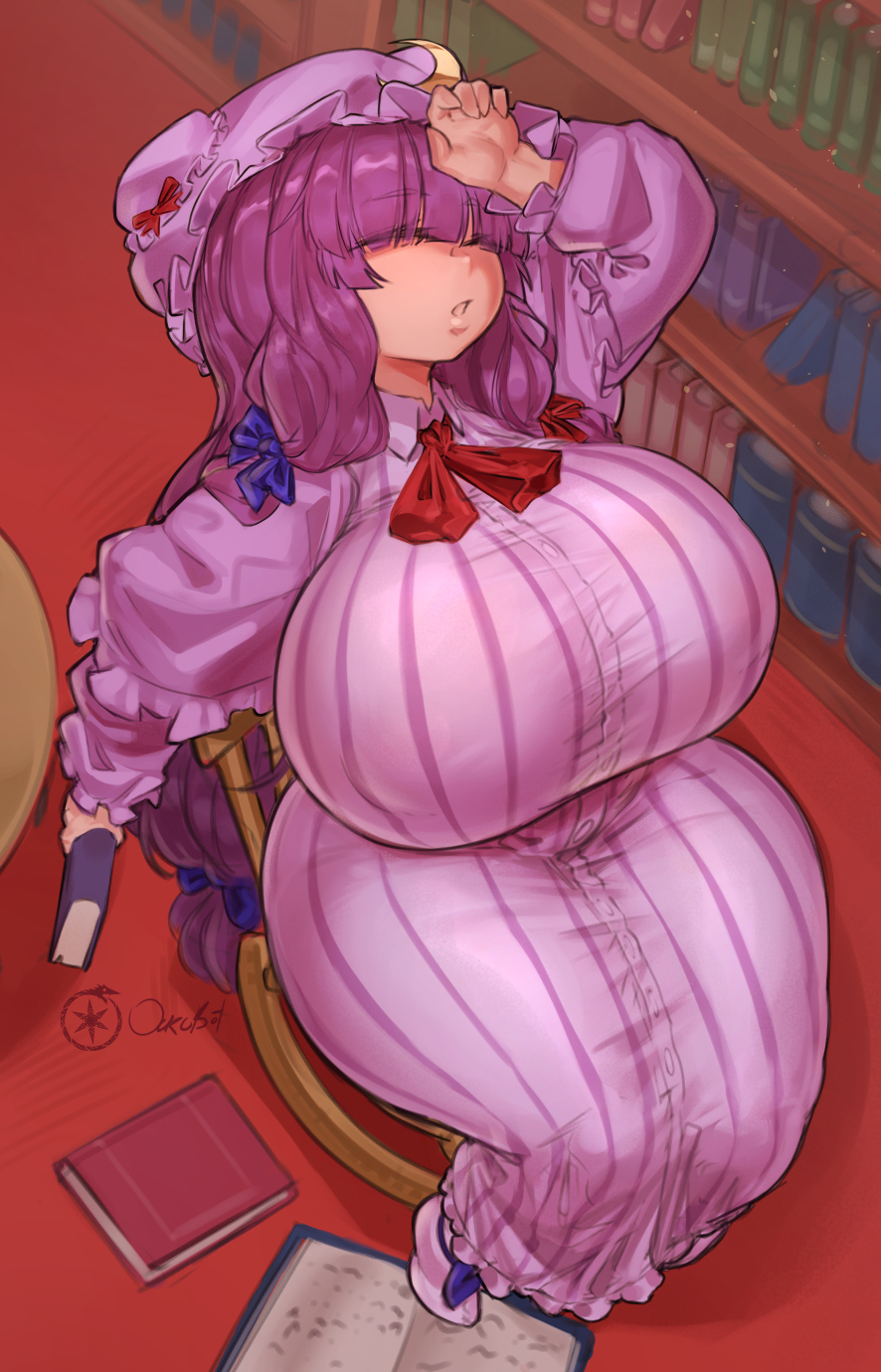 breasts female full_body highres huge_breasts long_hair mature_female milf ourobot patchouli_knowledge plump purple_eyes purple_hair sitting solo thick_thighs thighs touhou very_long_hair wide_hips