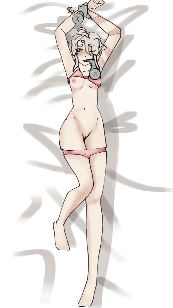 :p dakimakura_design finger_in_mouth grey_hands naked naked_female perfect_body pink_panties red_eyes shaved_pussy white_background white_hair wink y/n