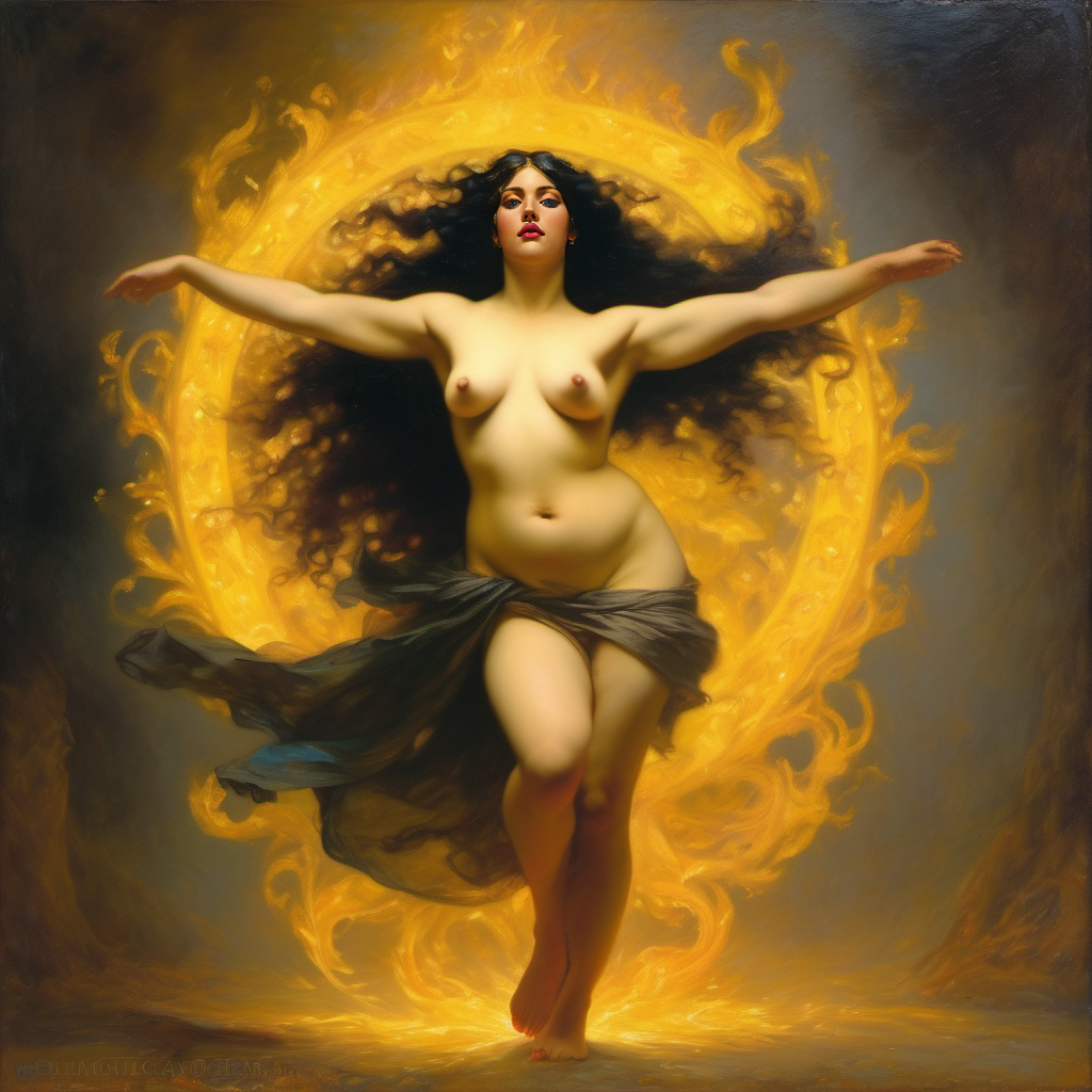 ai_generated belly black_hair breasts curvaceous curvy fire lips long_hair medium_breasts navel seductress william_bouguereau