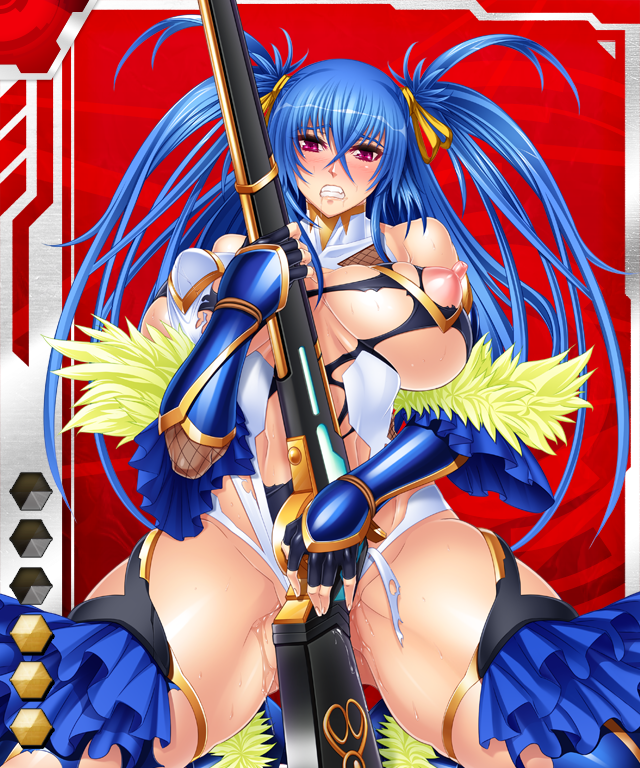 asagiri blue_hair blush breasts character_request clenched_teeth female large_breasts lilith-soft long_hair nipples rifle tagme taimanin_asagi_battle_arena taimanin_asagi_battle_arena_all_card_gallery torn_clothes