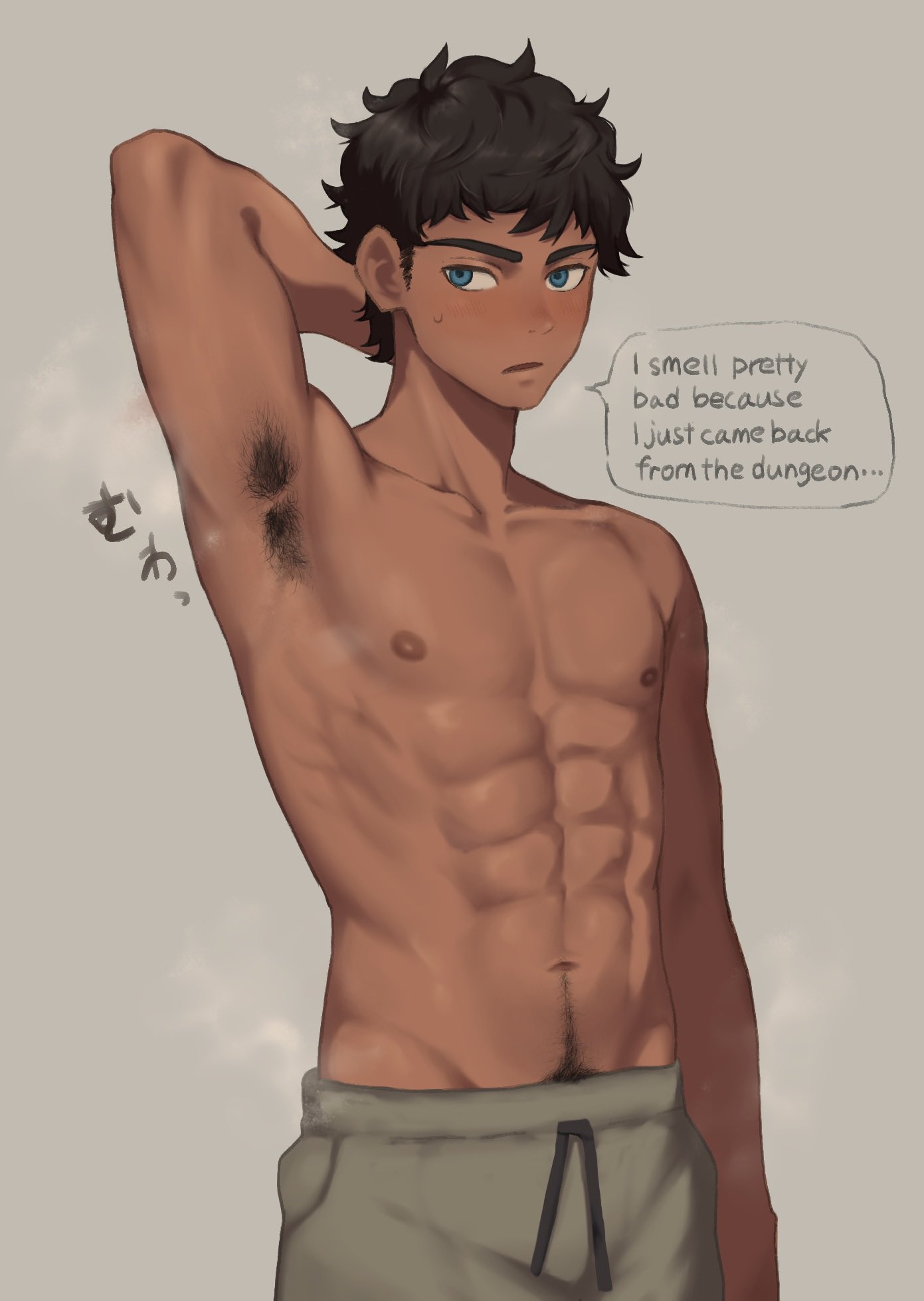 1boy 1male armpit armpit_fetish armpit_hair armpits black_hair blue_eyes dark-skinned_male dark_skin delicious_in_dungeon dialogue dungeon_meshi happy_trail kabru male male_focus male_only musk musk_clouds musky_armpit nipples solo solo_male sweat sweetzake tagme