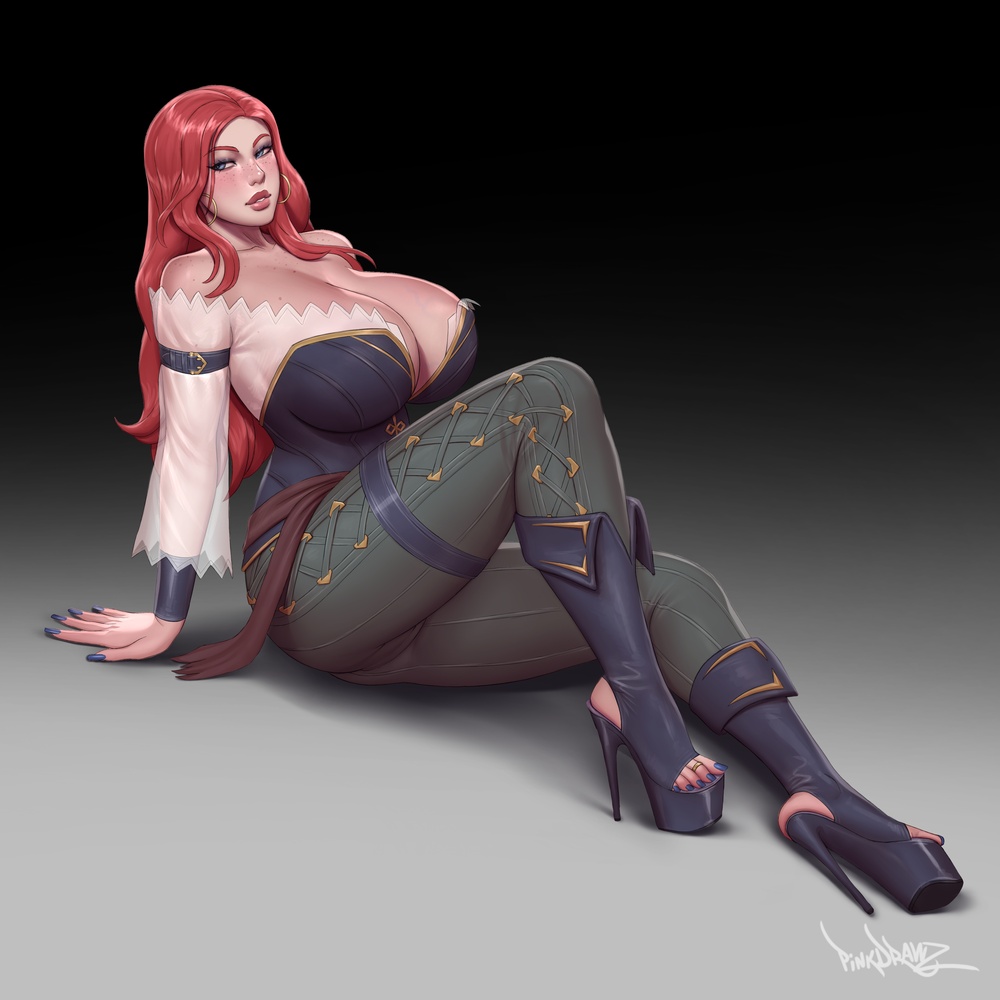 1girls blue_eyes cleavage female female_only fingernails gigantic_breasts high_heels hoop_earrings huge_breasts human large_breasts league_of_legends light-skinned_female light_skin miss_fortune open_toe_shoes pinkdrawz platform_heels red_hair riot_games sitting solo solo_female stiletto_heels tight_clothing toe_ring toenail_polish very_high_heels voluptuous