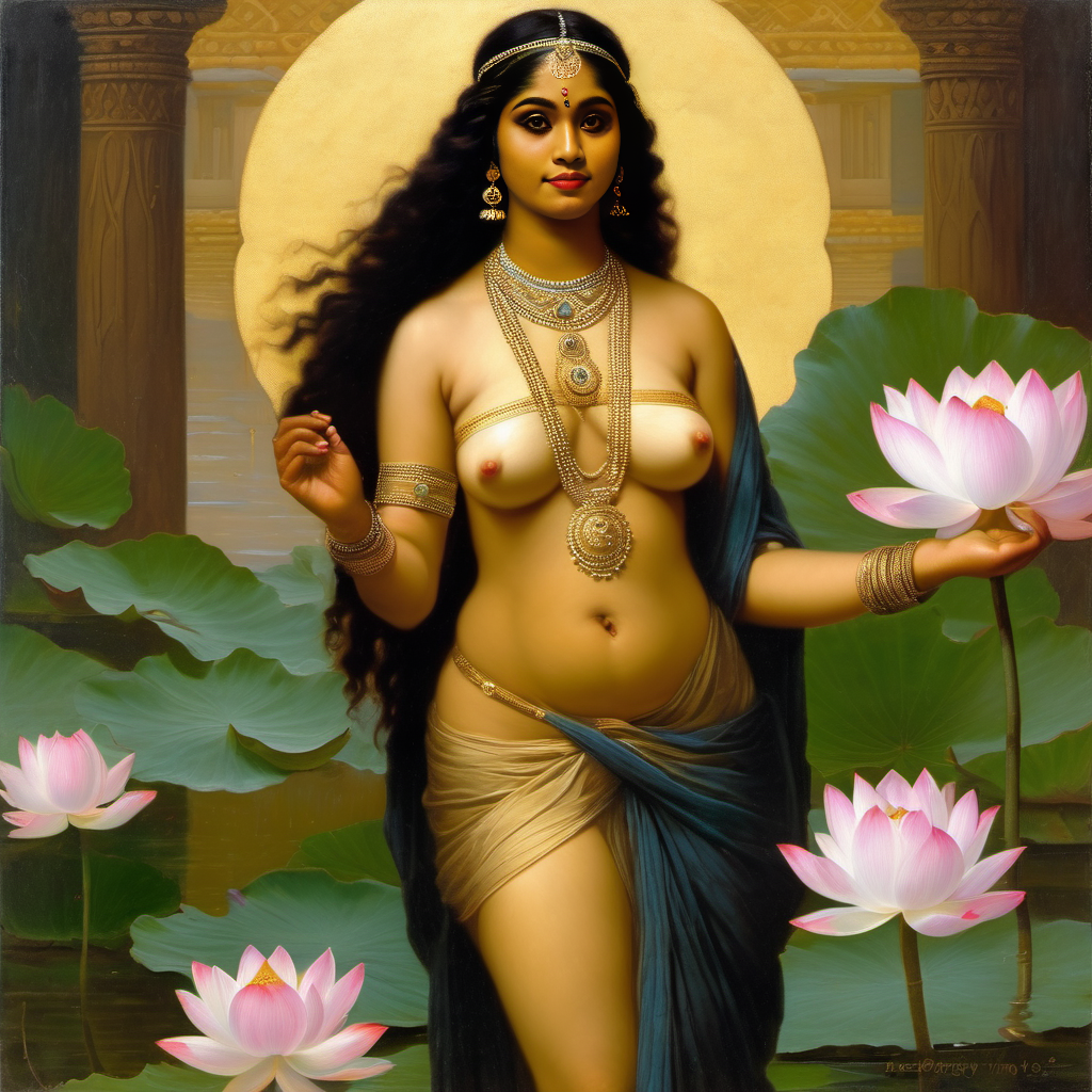 ai_generated belly black_hair bracelet breasts curly_hair curvy dancing dark-skinned_female female flower indian_female lips long_hair lotus medium_breasts navel presenting realistic smile solo william_bouguereau