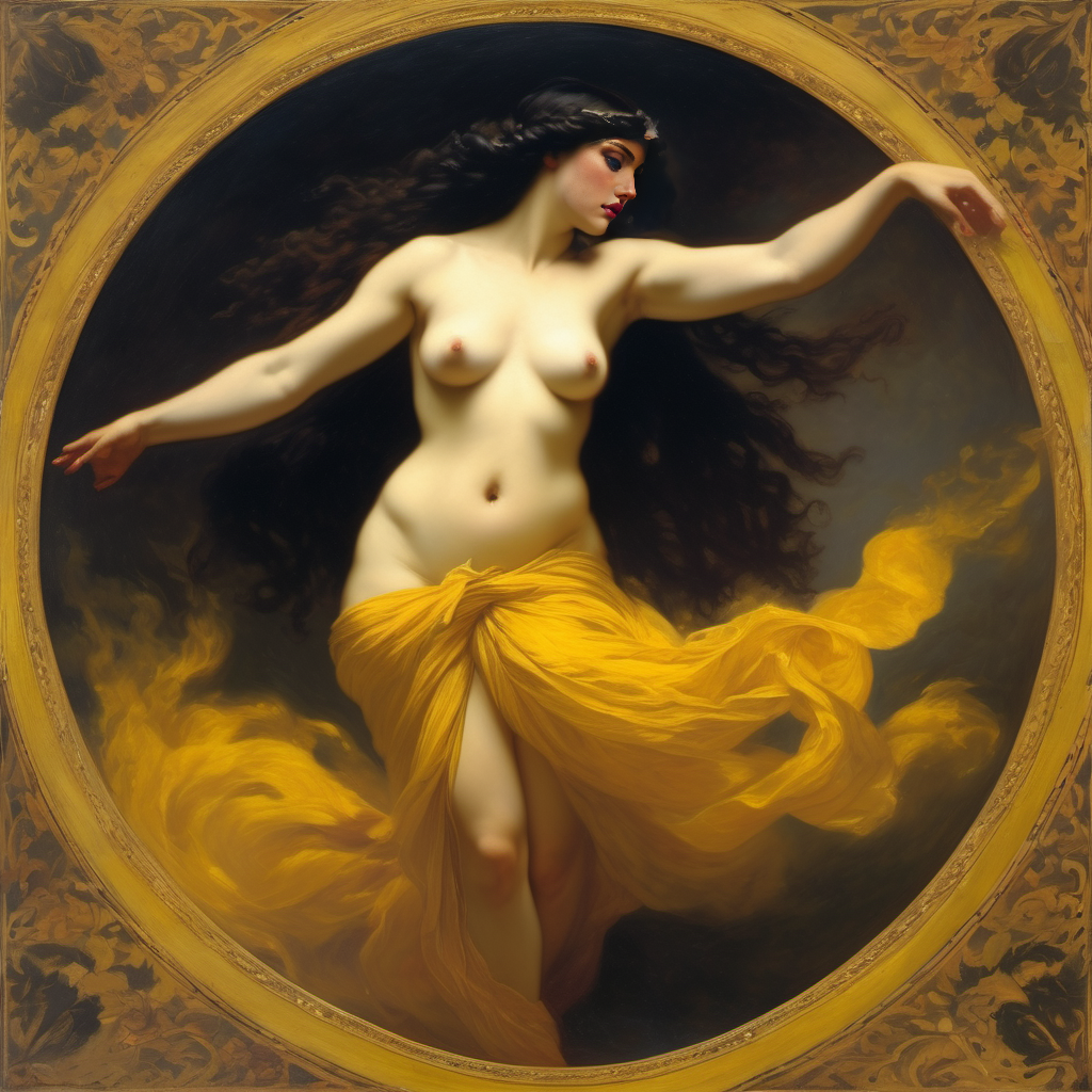 ai_generated belly black_hair breasts curvaceous curvy fire lips long_hair medium_breasts navel seductress william_bouguereau