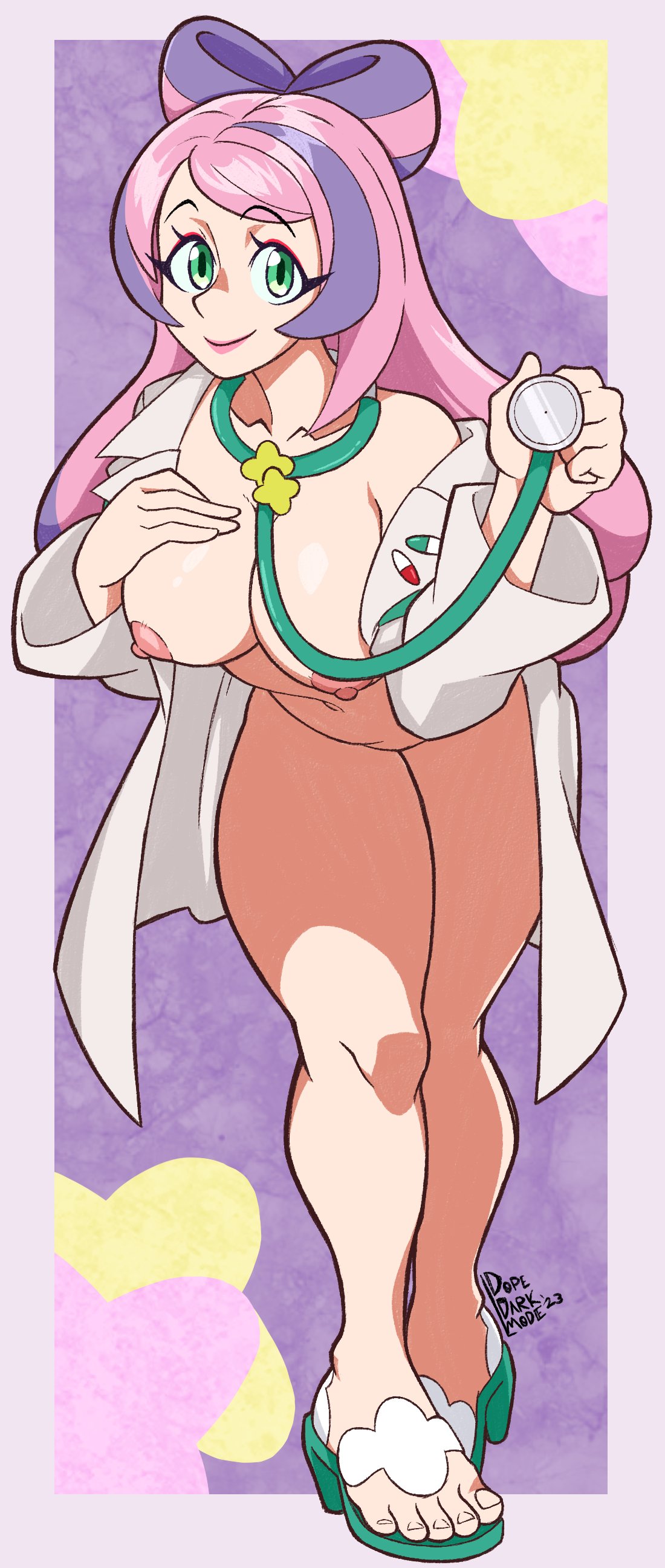 1girls 2023 areolae breasts dopedarkmode feet female female_only green_eyes human human_only labcoat long_hair looking_at_viewer miriam_(pokemon) multicolored_hair navel nipples pink_hair pokemon pokemon_sv purple_hair sandals smile solo standing stethoscope thick_thighs thighs toes two-tone_hair