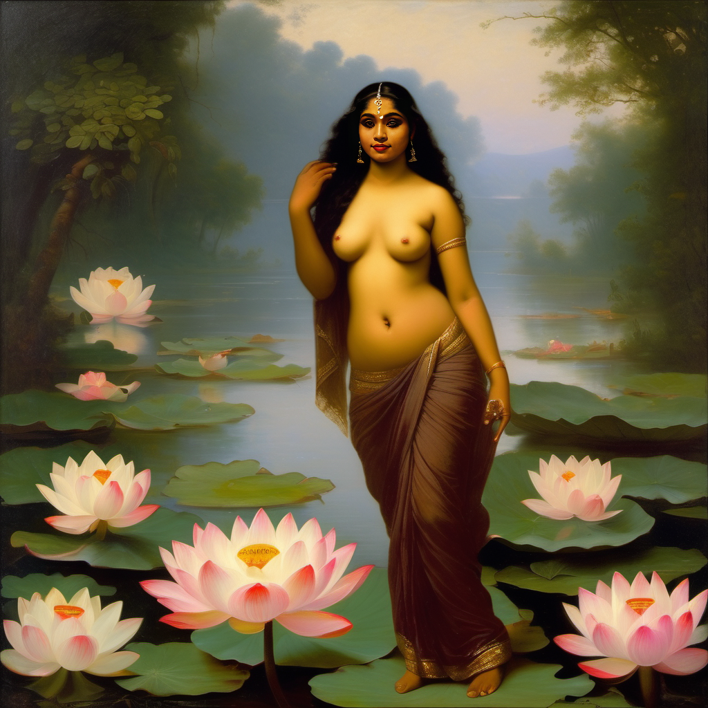 ai_generated belly black_hair breasts curly_hair curvy dark-skinned_female female flower indian_female lips long_hair lotus medium_breasts navel presenting realistic smile solo william_bouguereau