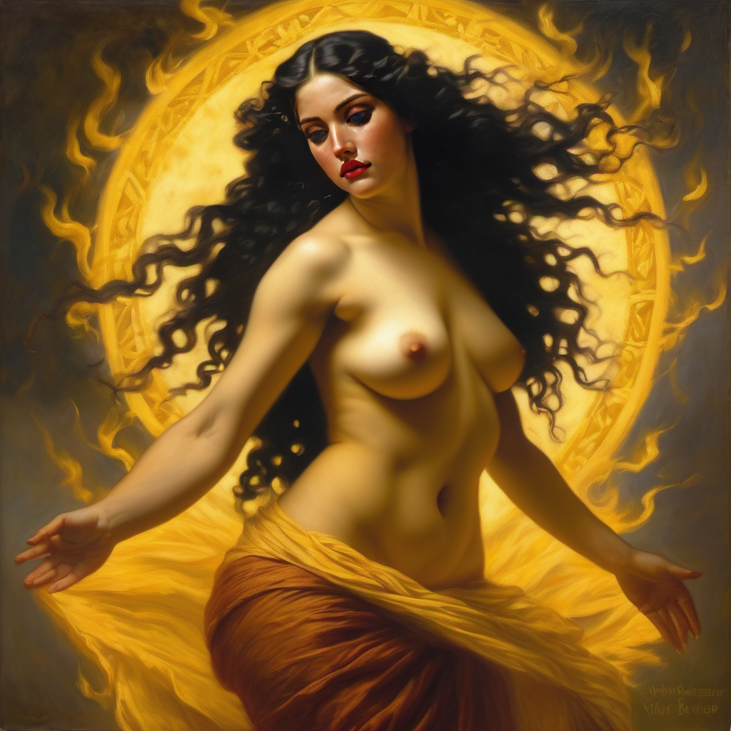 ai_generated belly black_hair breasts curvaceous curvy fire lips long_hair medium_breasts navel seductress william_bouguereau