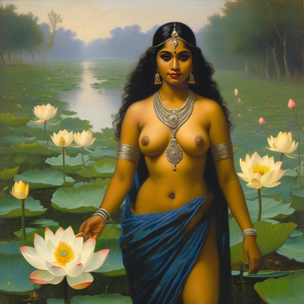 ai_generated belly black_hair breasts curly_hair curvy dark-skinned_female female flower indian_female lips long_hair lotus medium_breasts navel presenting realistic smile solo william_bouguereau