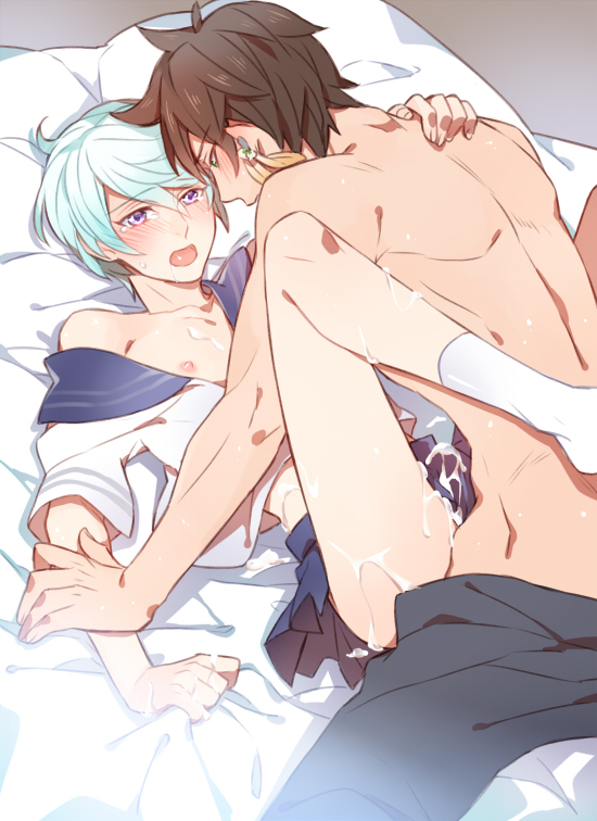 2boys anal asian asian_male beige_skin blue_hair blush brown_hair bulge crossdressing cum cum_in_ass cum_inside cum_on_body cumdrip femboy gay girly human male_only mikleo_(tales) multiple_boys open_mouth short_hair sorey_(tales) tales_of_(series) tales_of_zestiria tan_skin tongue tongue_out wince yaoi