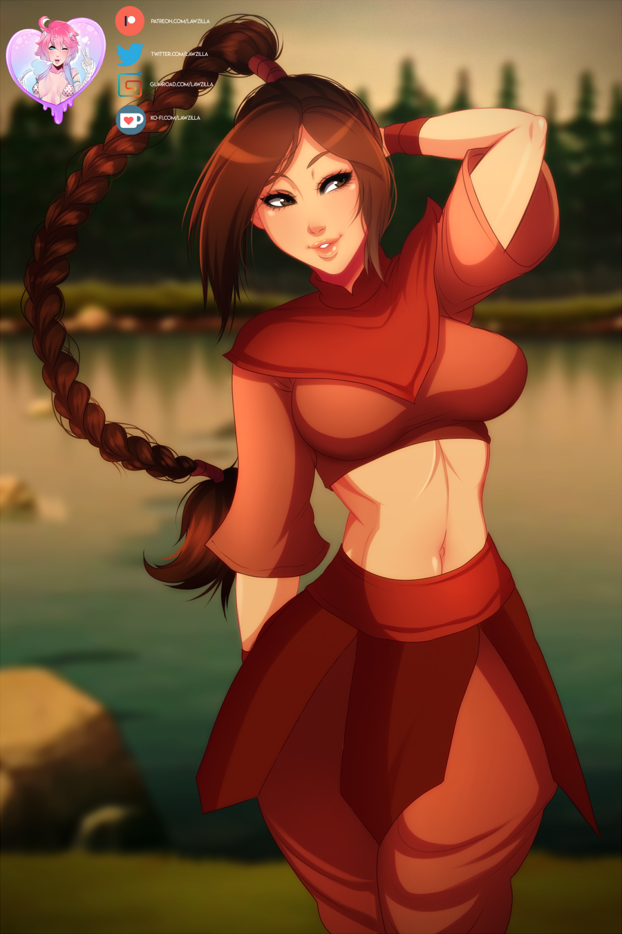 1girls artist_signature athletic_female avatar_legends avatar_the_last_airbender baggy_pants belly belly_button big_breasts braid braided_ponytail brown_eyes brown_hair cowboy_shot cute female female_focus fire_nation flowing_hair forest gumroad_username halter_top hand_behind_head ko-fi_username lawzilla long_hair looking_to_the_side loose_sleeves midriff midriff_baring_shirt nature navel nonbender outdoors patreon_username pink_clothing ponytail pose posing river smile solo solo_female solo_focus standing swept_bangs teenager thick_lips thick_thighs thin_waist tummy twitter_username ty_lee very_long_hair wide_hips wind wrist_wraps