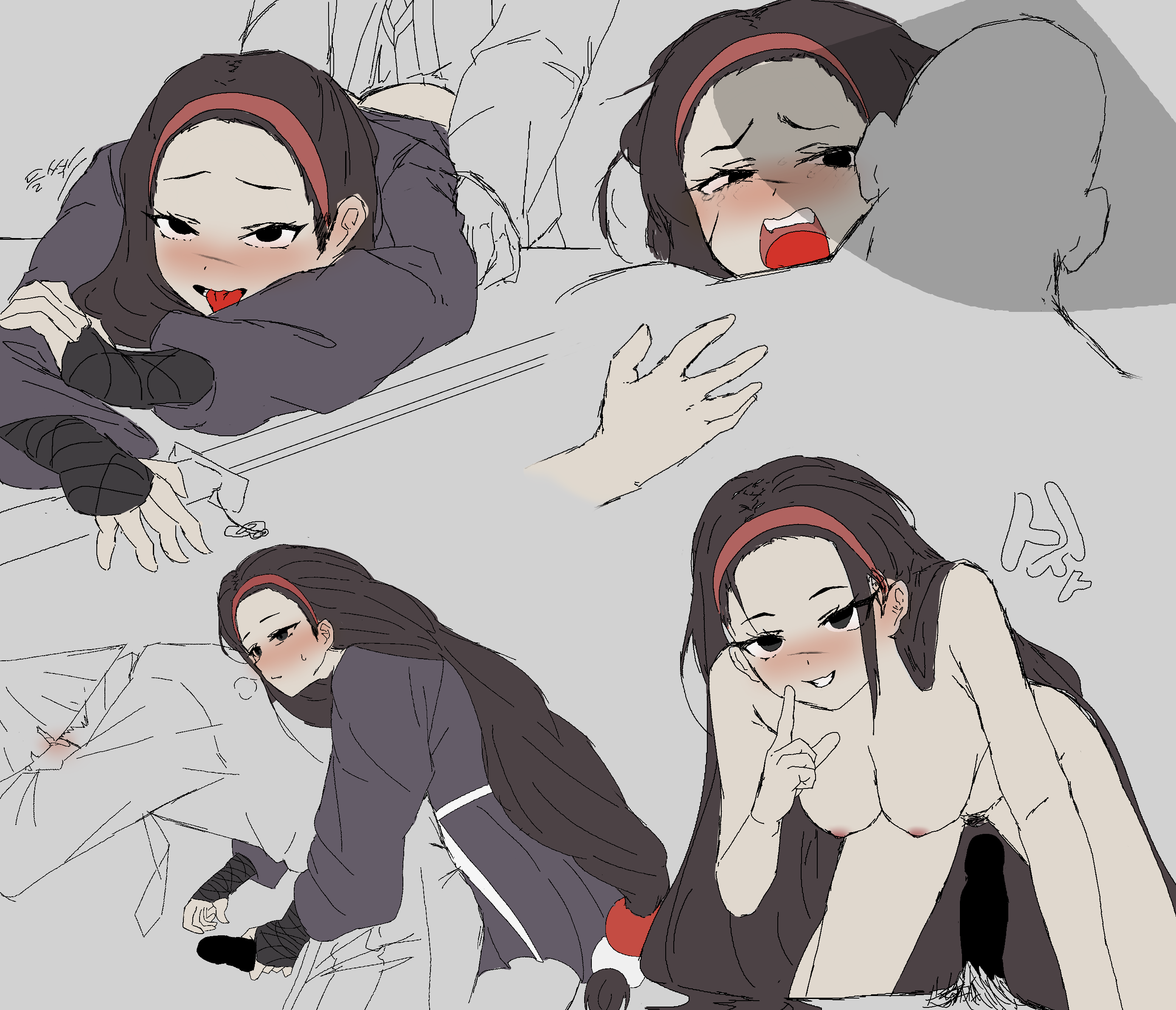 aeng-du (limbus company), ahe gao, artist request, bamboo-hatted kim (library of ruina), bent over, black hair, blush, cowgirl position, faceless male, female, fully nude, functionally nude, hairband, handjob, handjob from behind, imminent penetration, limbus company, male, missionary position, project moon, pubic hair, sex, sex from behind, shipping, source request, very long hair