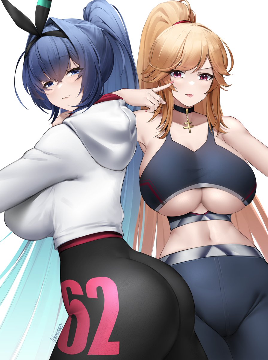 2girls ass azur_lane belly_button blonde_hair blue_eyes blue_hair breasts clothed clothing eagle_union_(azur_lane) eyebrows_visible_through_hair female female_only gym_clothes huge_breasts iris_libre_(azur_lane) irkawaza light-skinned_female light_skin looking_at_viewer new_jersey_(azur_lane) pink_eyes ponytail richelieu_(azur_lane) seductive teasing underboob