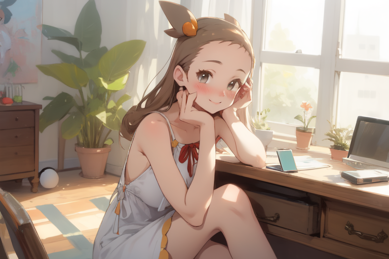 ai_generated blush jasmine_(pokemon) jasmineolivine leg_up light_smile looking_at_viewer pokemon suggestive suggestive_gesture suggestive_look sundress white_dress