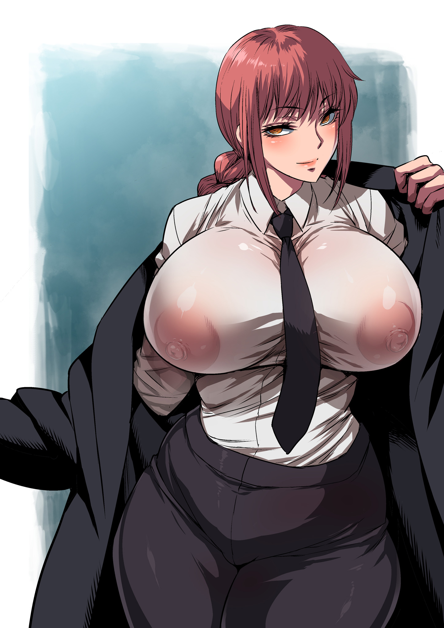 1girls, alternate version available, areolae, areolae visible through clothing, big breasts, black coat, black pants, bottomwear, braid, breasts, chainsaw man, coat, female, female only, hair, huge breasts, large breasts, makima (chainsaw man), musashino sekai, necktie, neckwear, nipples, nipples visible through clothing, pants, red hair, shirt, solo, solo female, topwear, white shirt, yellow eyes