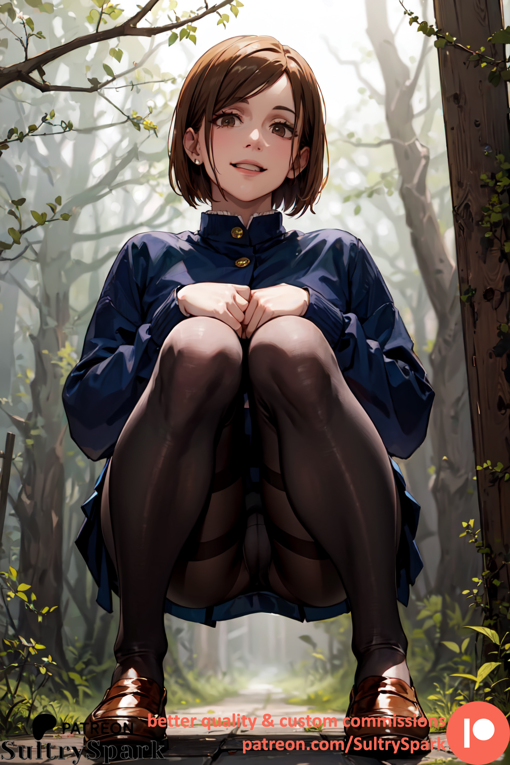 1girls, ai generated, black thighhighs, brown eyes, brown hair, cameltoe, commission, female, female only, forest, human, jujutsu kaisen, kugisaki nobara, outdoors, patreon, patreon username, pussy, school uniform, skirt, solo, squatting, sultryspark, tights, uniform