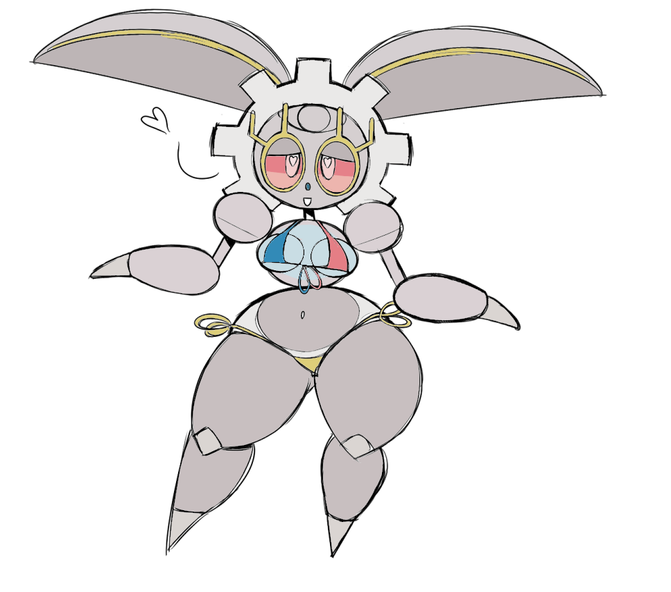 2019 anonymous_artist bikini bottom_heavy breasts color colored contrapposto edit female female_only half-closed_eyes heart heart-shaped_pupils looking_at_viewer magearna mechanical nintendo pokémon_(species) pokemon pokemon_sm robot sketch small_breasts solo standing thick thick_thighs thighs third-party_edit