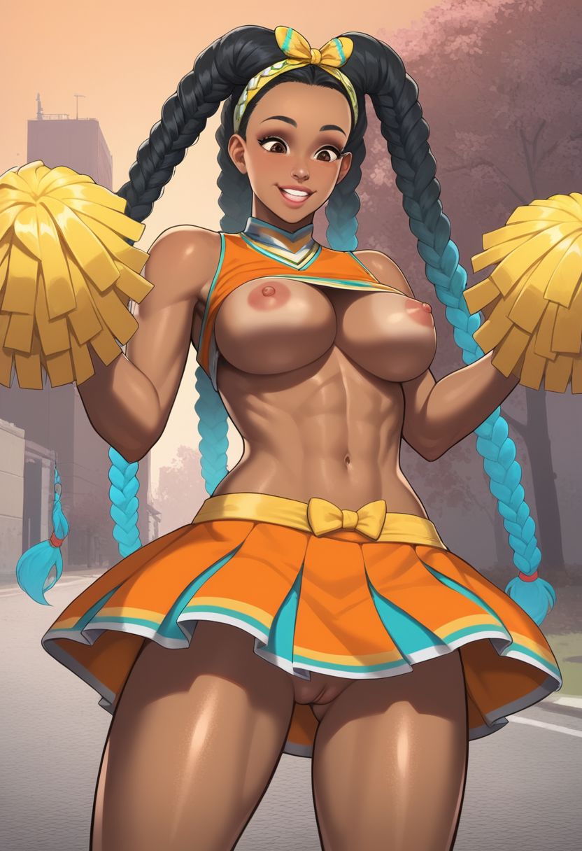 1girls, ai generated, braided hair, breasts, capcom, cheerleader, dark skin, ebony, female, kimberly jackson, nipples, no panties, outdoors, pussy, shirt lift, skirt, solo, solo female, street fighter, street fighter 6, tagme, upskirt, userisbad