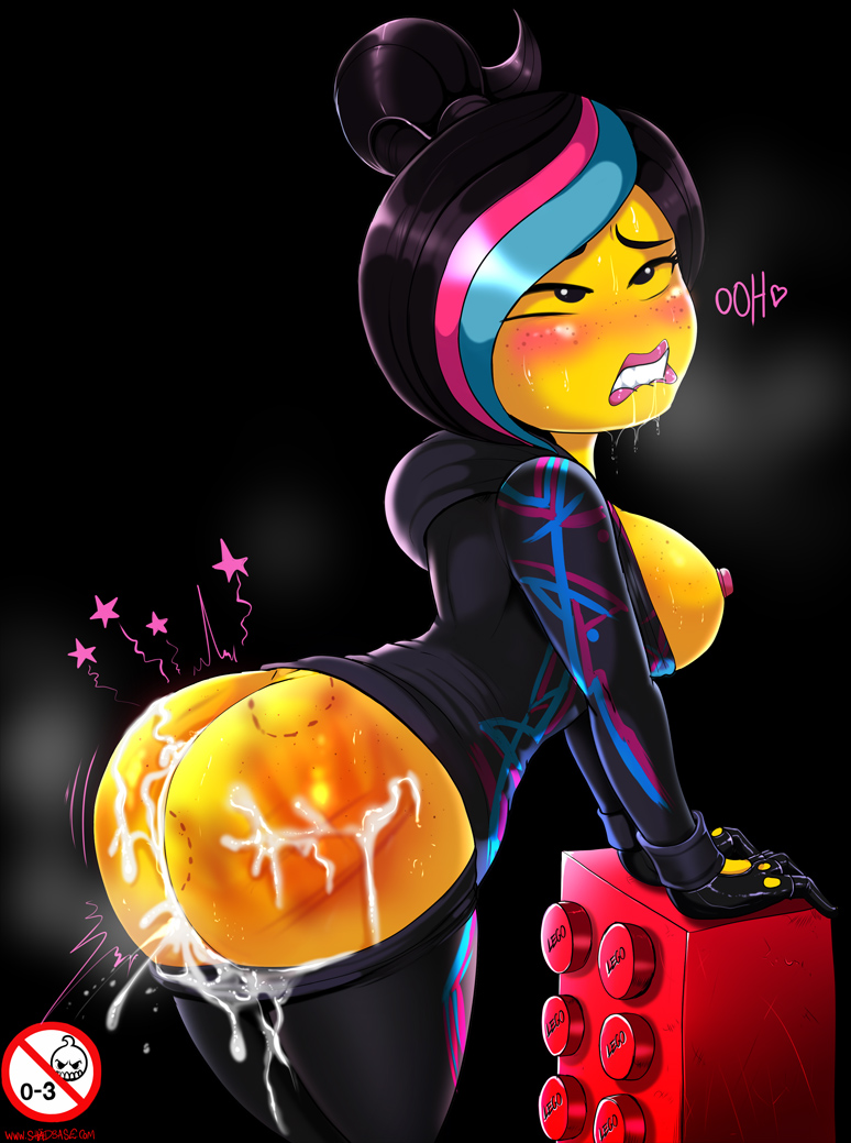 after_sex alternate_version_available ass bite_marks biting_lip black_hair blush cum cum_inside cum_on_ass droll female freckles highlights lego mob_face pants_down shadman solo spanked the_lego_movie wyldstyle yellow_skin