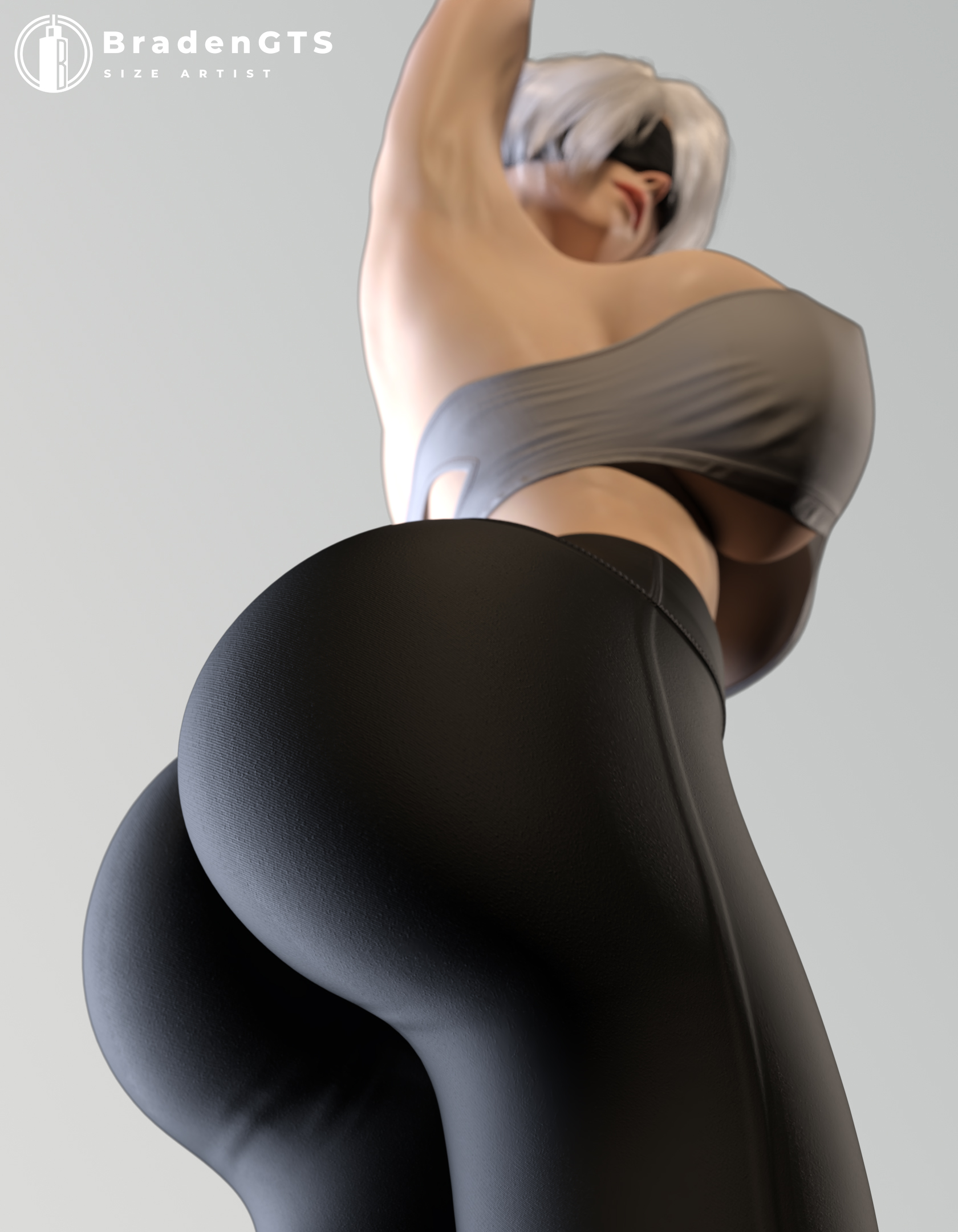 1girls, 3d, ass, big ass, big breasts, blindfold, bradengts, breasts, clothing, female, female focus, female only, grey background, hairband, huge ass, huge breasts, light skin, light-skinned female, low-angle view, nier, nier: automata, overflowing breasts, short hair, solo, underboob, white hair, workout clothes, yorha 2b