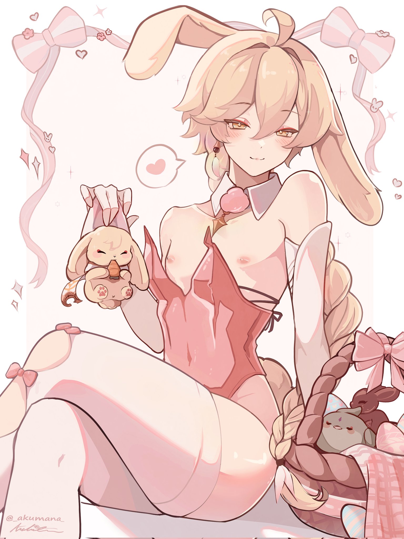 1boy, aether (genshin impact), akumana, bare shoulders, blonde hair, bunny, bunnysuit, crossdressing, crossdressing male, crossed legs, easter, femboy, feminine male, genshin impact, human, human only, legwear, long hair, male, male focus, male only, nipples, playboy bunny, ponytail, smile, thighhighs, trap, twink, very long hair, yellow eyes