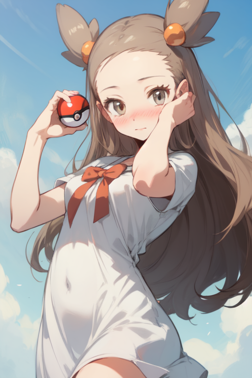 ai_generated blush jasmine_(pokemon) jasmineolivine looking_at_viewer pokemon see-through_clothing suggestive suggestive_look sundress white_dress